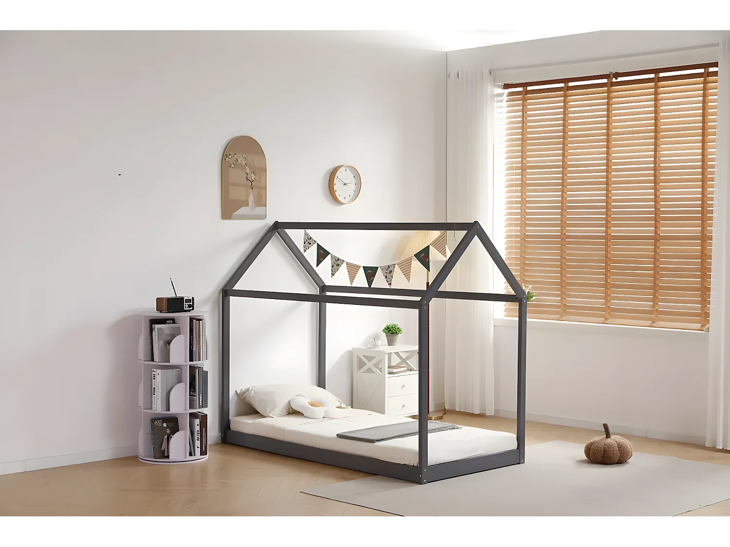 Lit cabane ROBINSON Gris en bois 90x190 cm avec sommier intégré