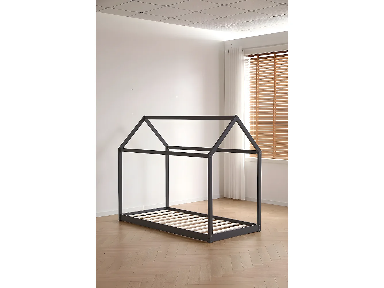 Lit cabane ROBINSON Gris en bois 90x190 cm avec sommier intégré