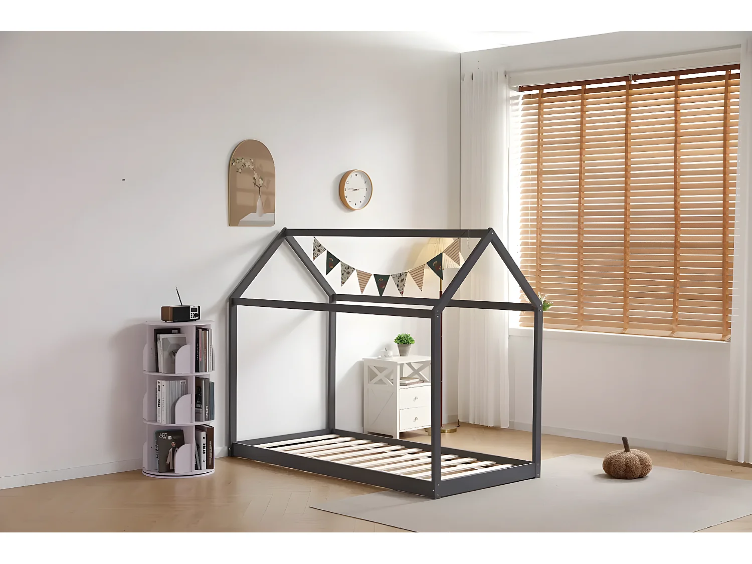 Lit cabane ROBINSON Gris en bois 90x190 cm avec sommier intégré