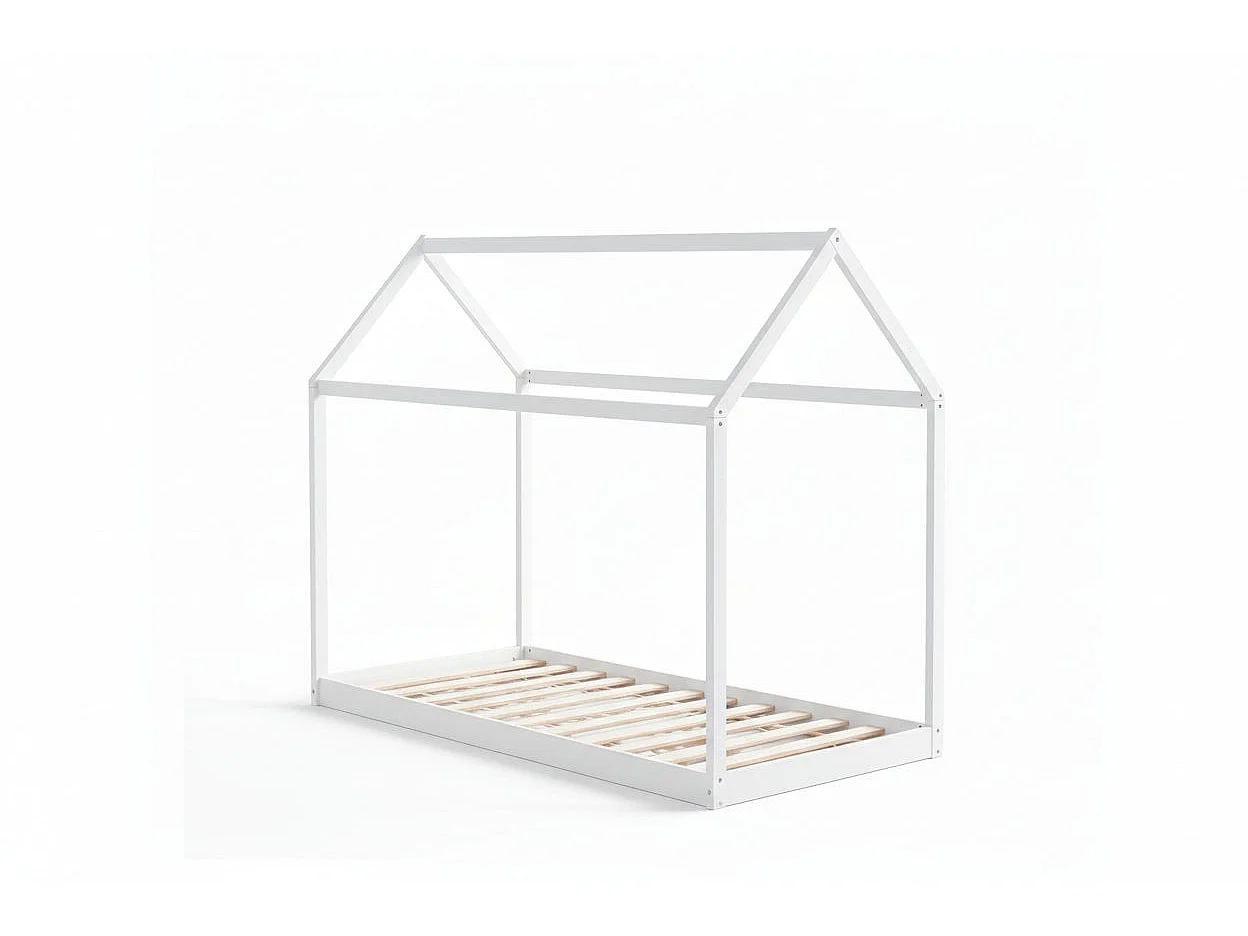 Lit cabane enfant 90x190 cm pin massif sommier à lattes inclus ROBINSON – Blanc
