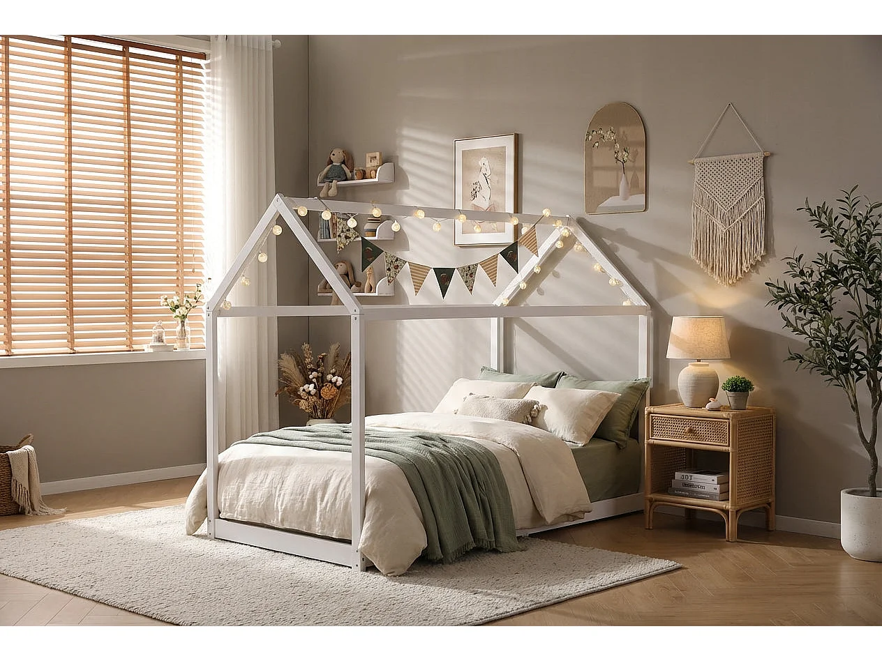 Lit cabane enfant 90x190 cm pin massif sommier à lattes inclus ROBINSON – Blanc