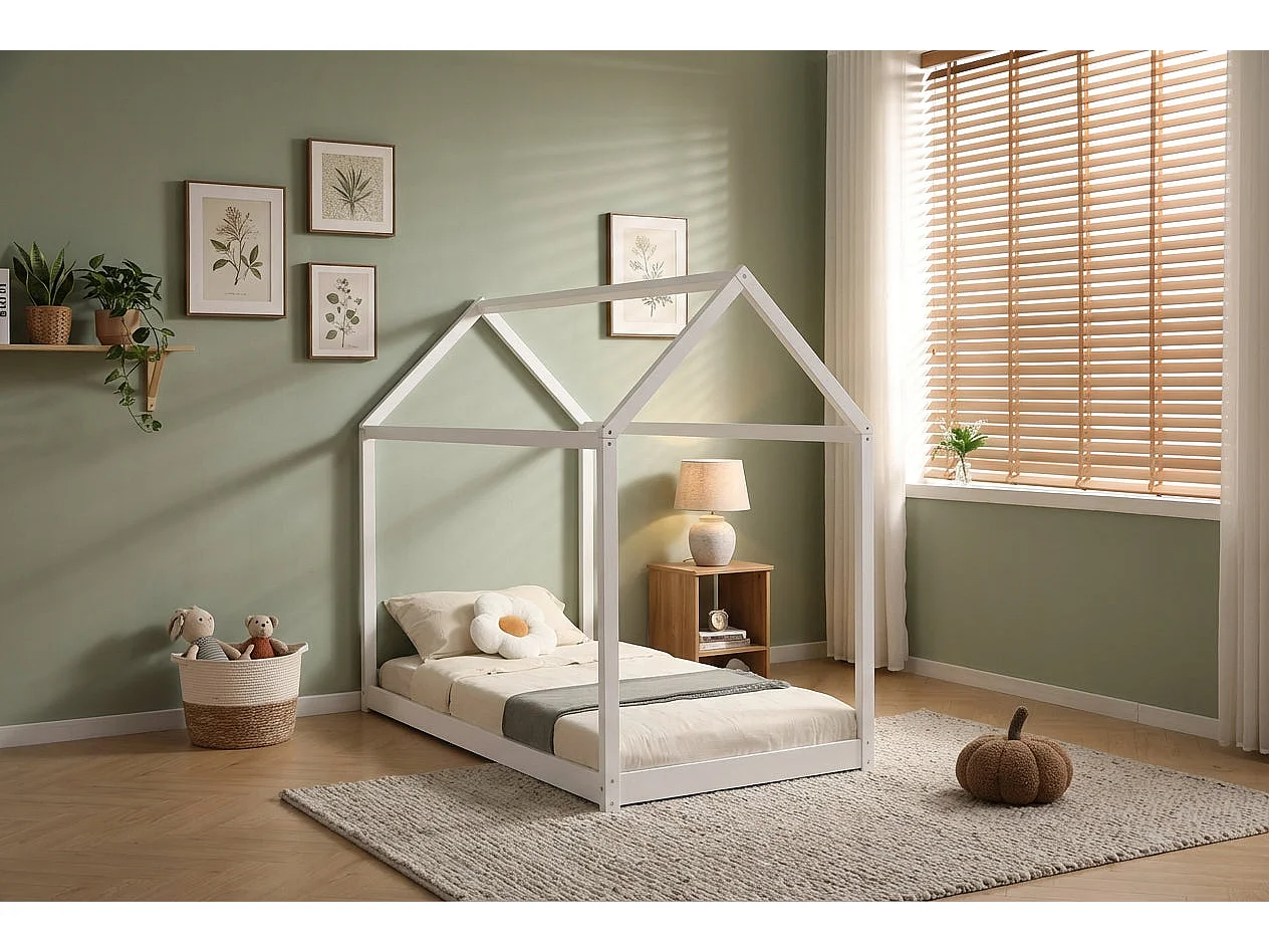 Lit cabane enfant 90x190 cm pin massif sommier à lattes inclus ROBINSON – Blanc