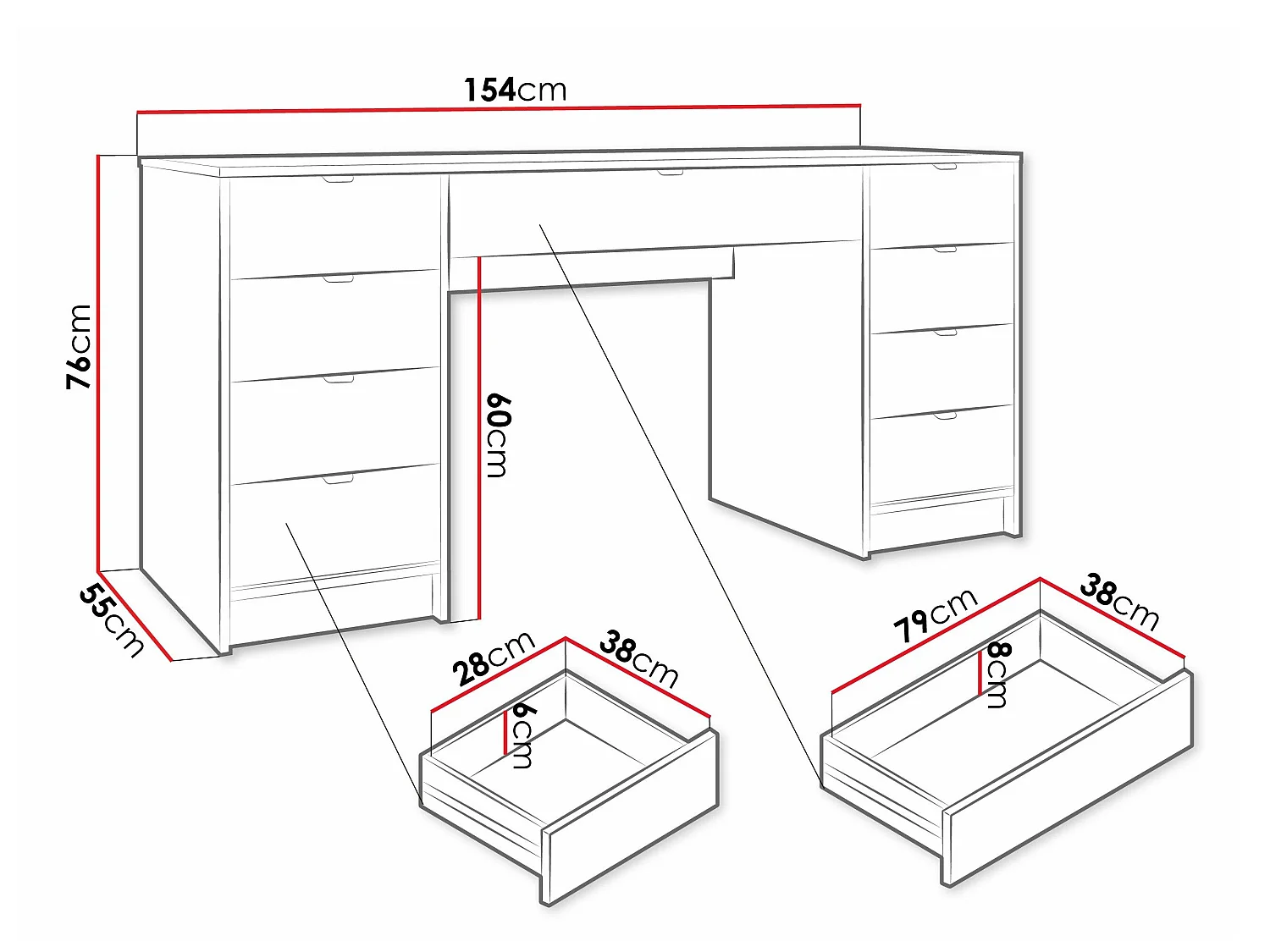 Mesa de oficina Comfivo Papilio I, Con cajones, 76x154x55cm, Blanco