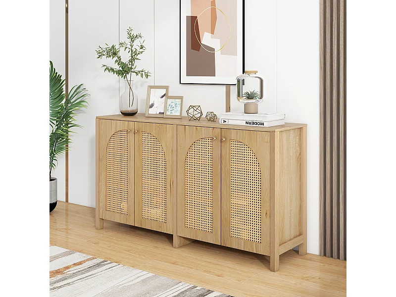 Buffet avec 4 portes en rotin - 145 x 40 x 80 cm - bois MDF et panneaux de particules - coloris naturel