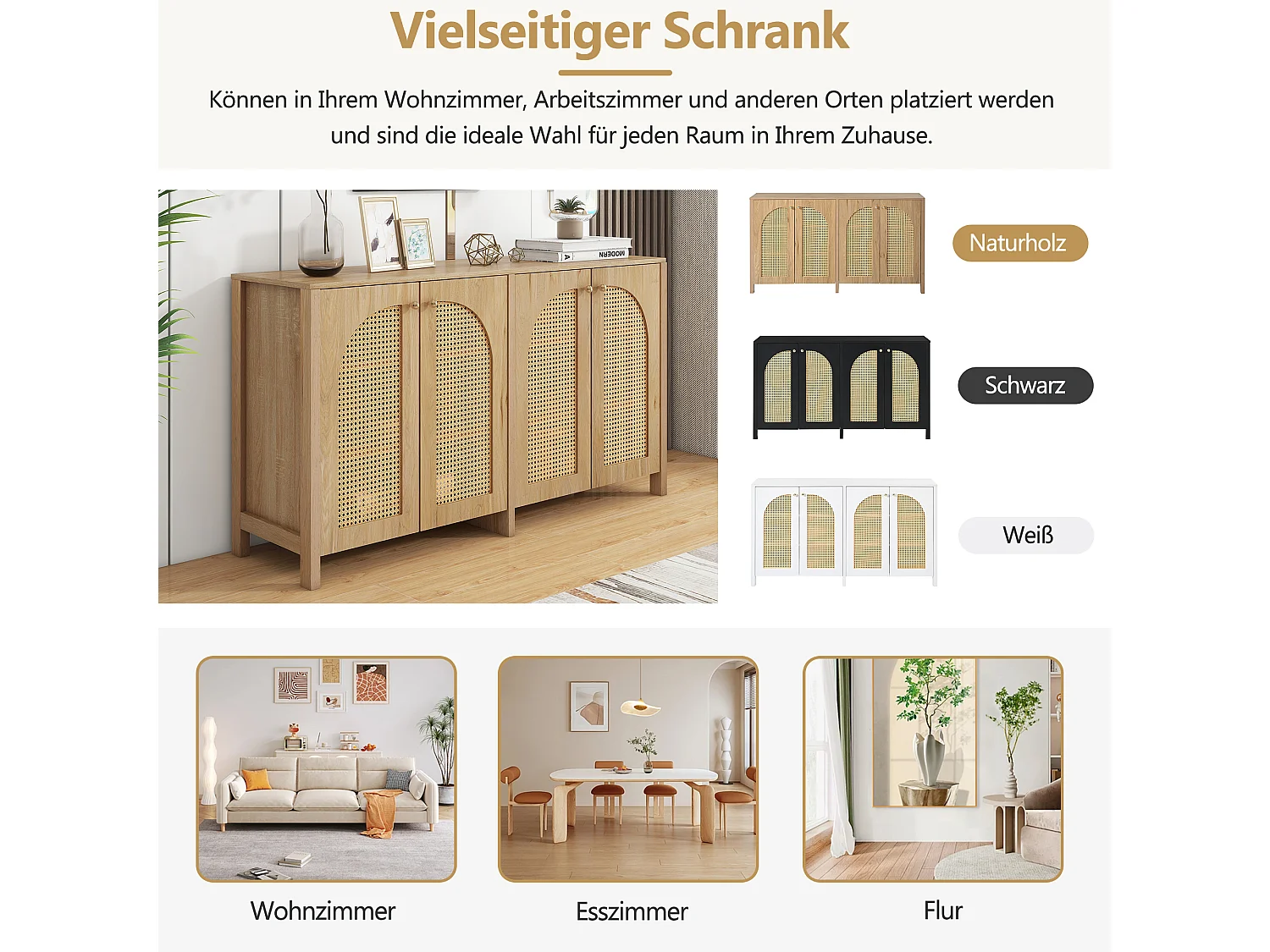 Buffet avec 4 portes en rotin - 145 x 40 x 80 cm - bois MDF et panneaux de particules - coloris naturel