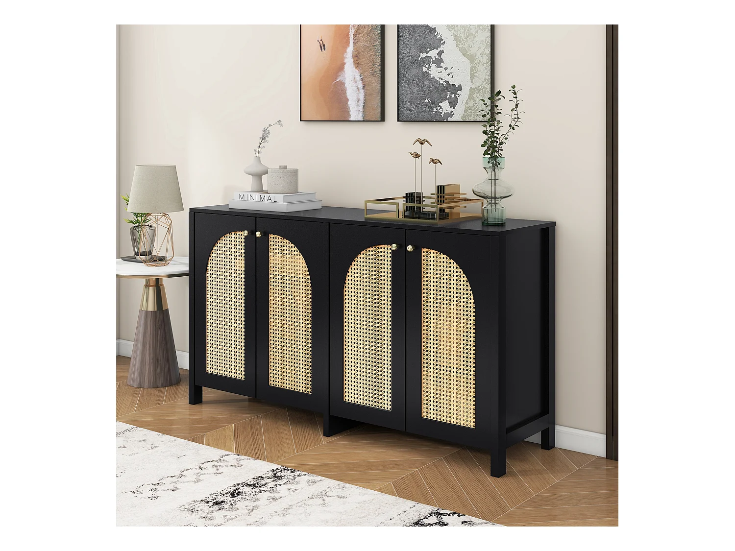Buffet avec 4 portes en rotin - 145 x 40 x 80 cm - bois MDF et panneaux de particules - coloris noir + chêne