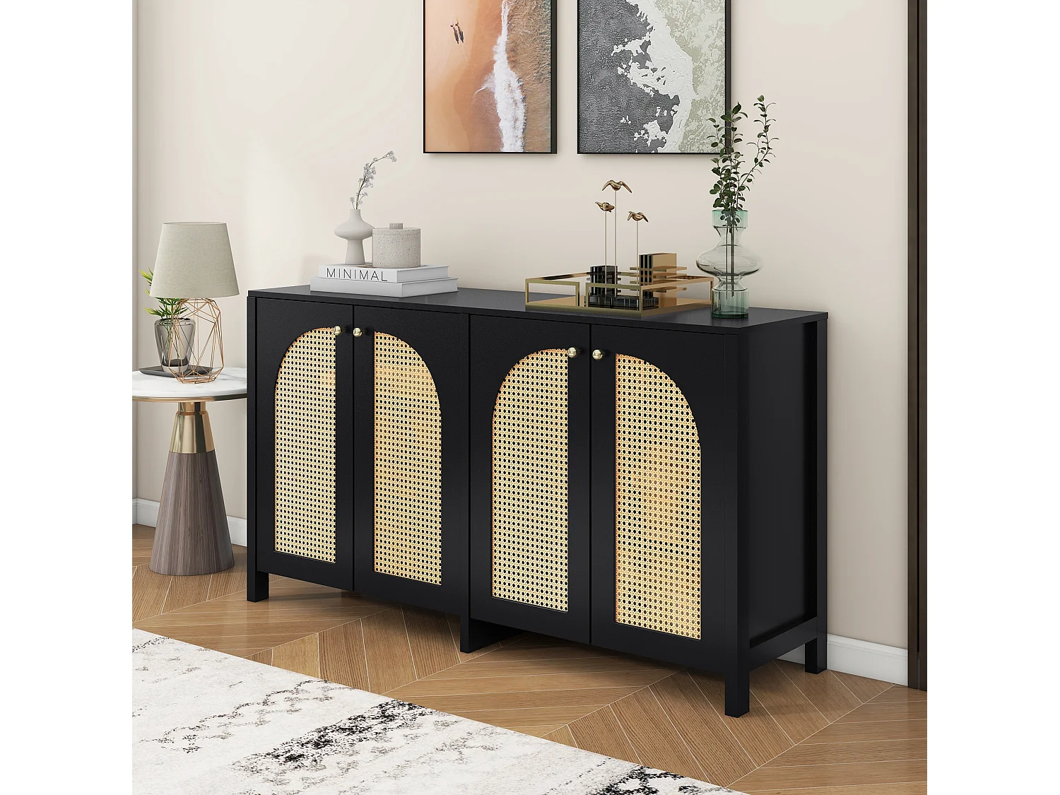 Buffet avec 4 portes en rotin - 145 x 40 x 80 cm - bois MDF et panneaux de particules - coloris noir + chêne