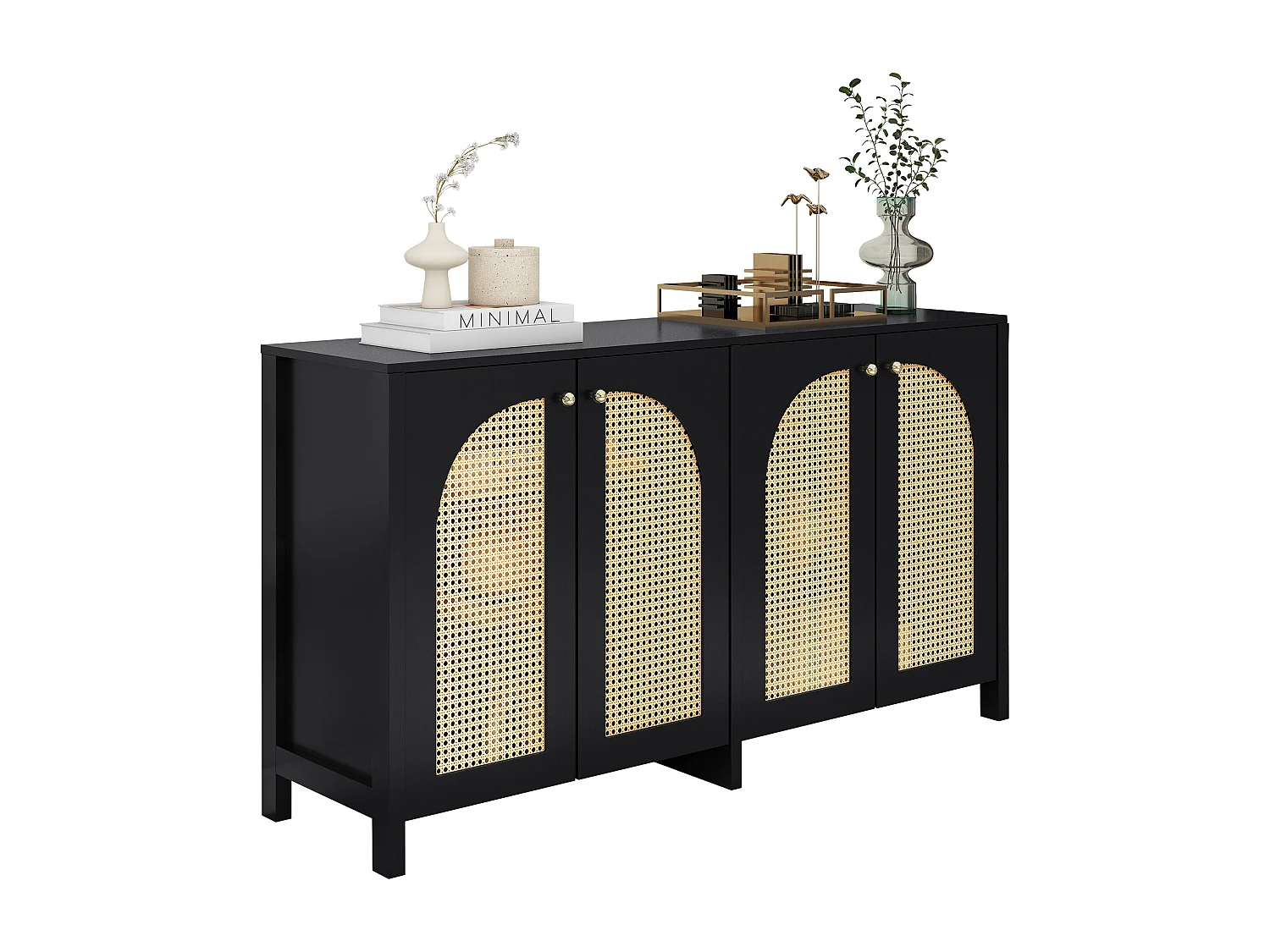 Buffet avec 4 portes en rotin - 145 x 40 x 80 cm - bois MDF et panneaux de particules - coloris noir + chêne