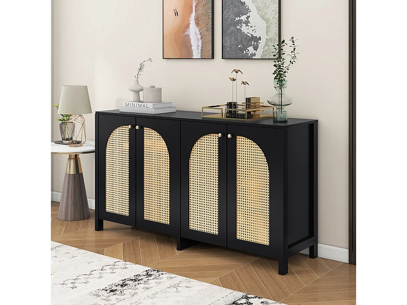 Buffet avec 4 portes en rotin - 145 x 40 x 80 cm - bois MDF et panneaux de particules - coloris noir + chêne