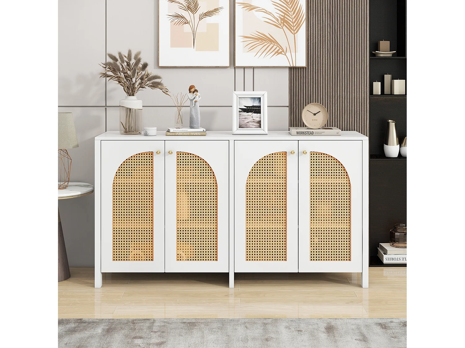 Buffet avec 4 portes en rotin - 145 x 40 x 80 cm - bois MDF et panneaux de particules - coloris blanc + chêne