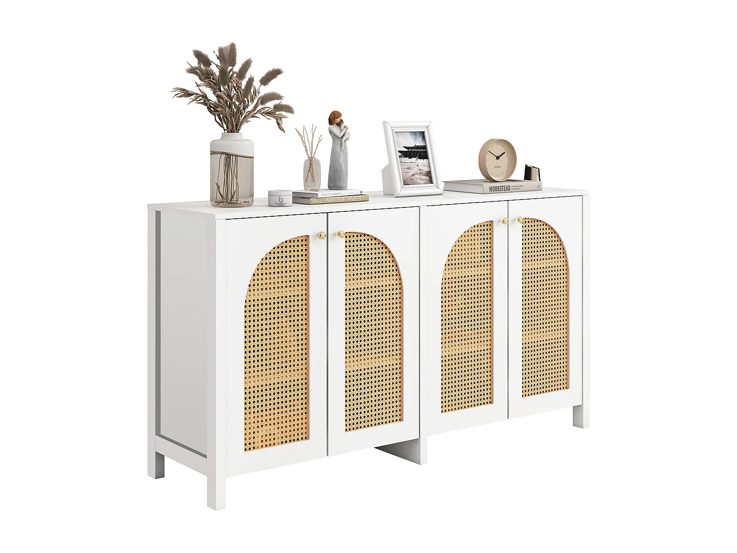Buffet avec 4 portes en rotin - 145 x 40 x 80 cm - bois MDF et panneaux de particules - coloris blanc + chêne