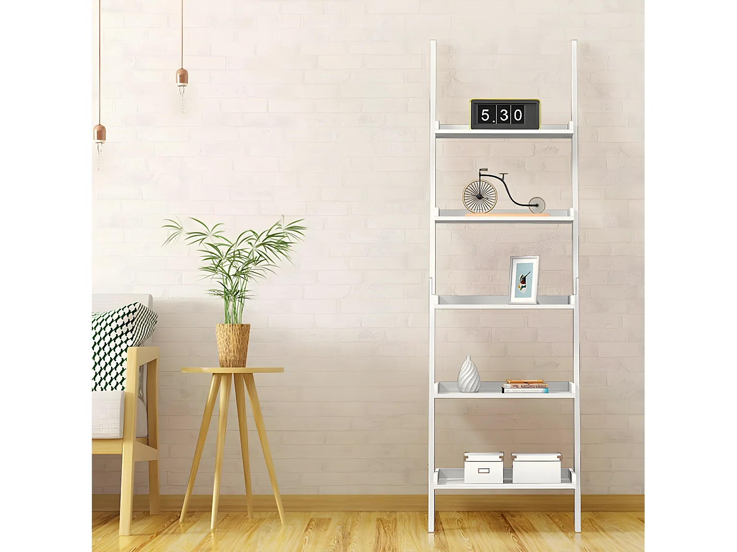 Leiterregal mit 5 Boeden Standregal Treppenregal Pflanzenregal Holzregal Stufenregal Wandregal Dekoregal Blumenregal Buecherregal weiss TI73033