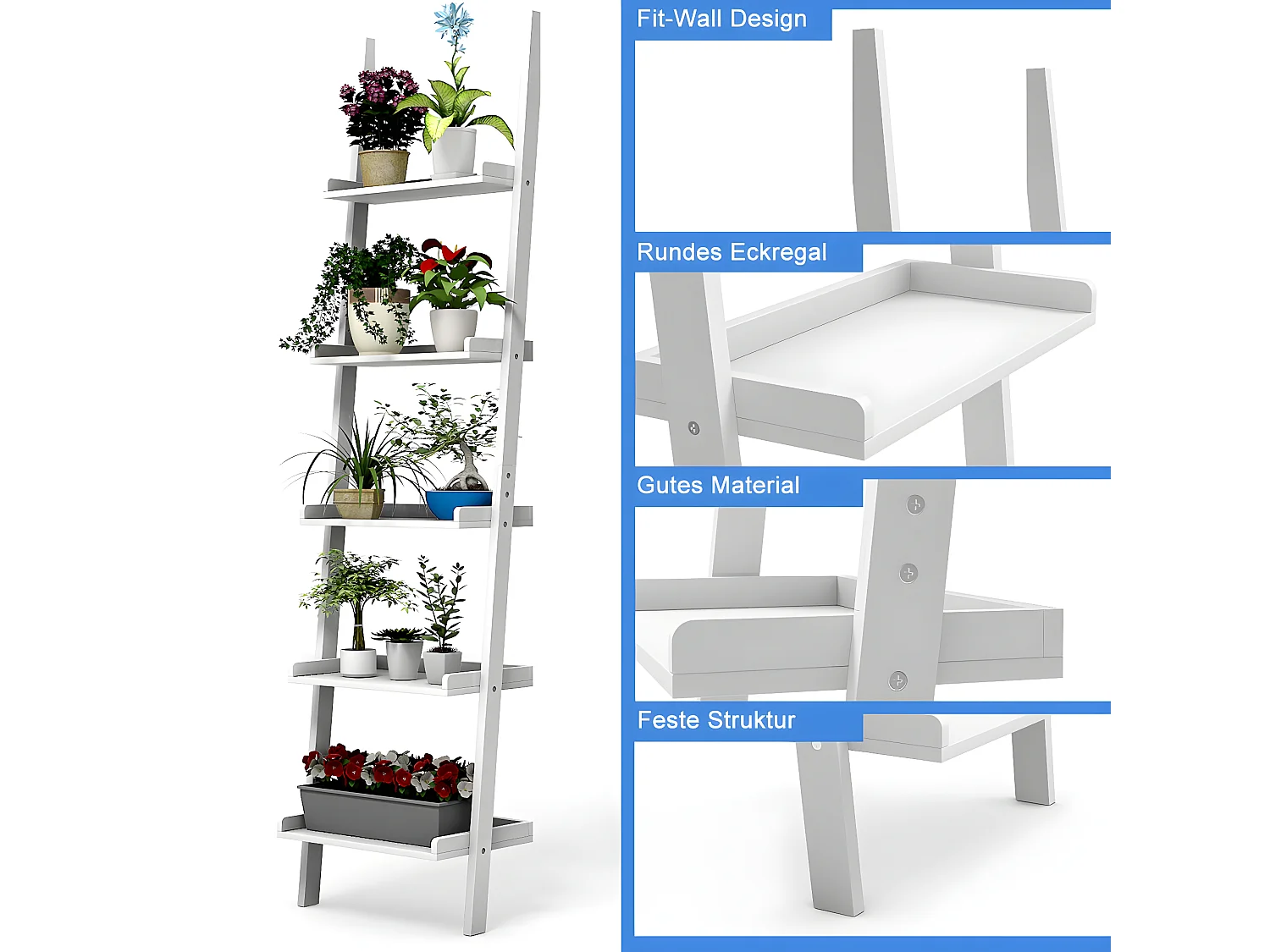 Leiterregal mit 5 Boeden Standregal Treppenregal Pflanzenregal Holzregal Stufenregal Wandregal Dekoregal Blumenregal Buecherregal weiss TI73033
