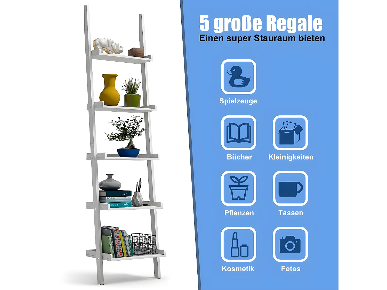 Leiterregal mit 5 Boeden Standregal Treppenregal Pflanzenregal Holzregal Stufenregal Wandregal Dekoregal Blumenregal Buecherregal weiss TI73033