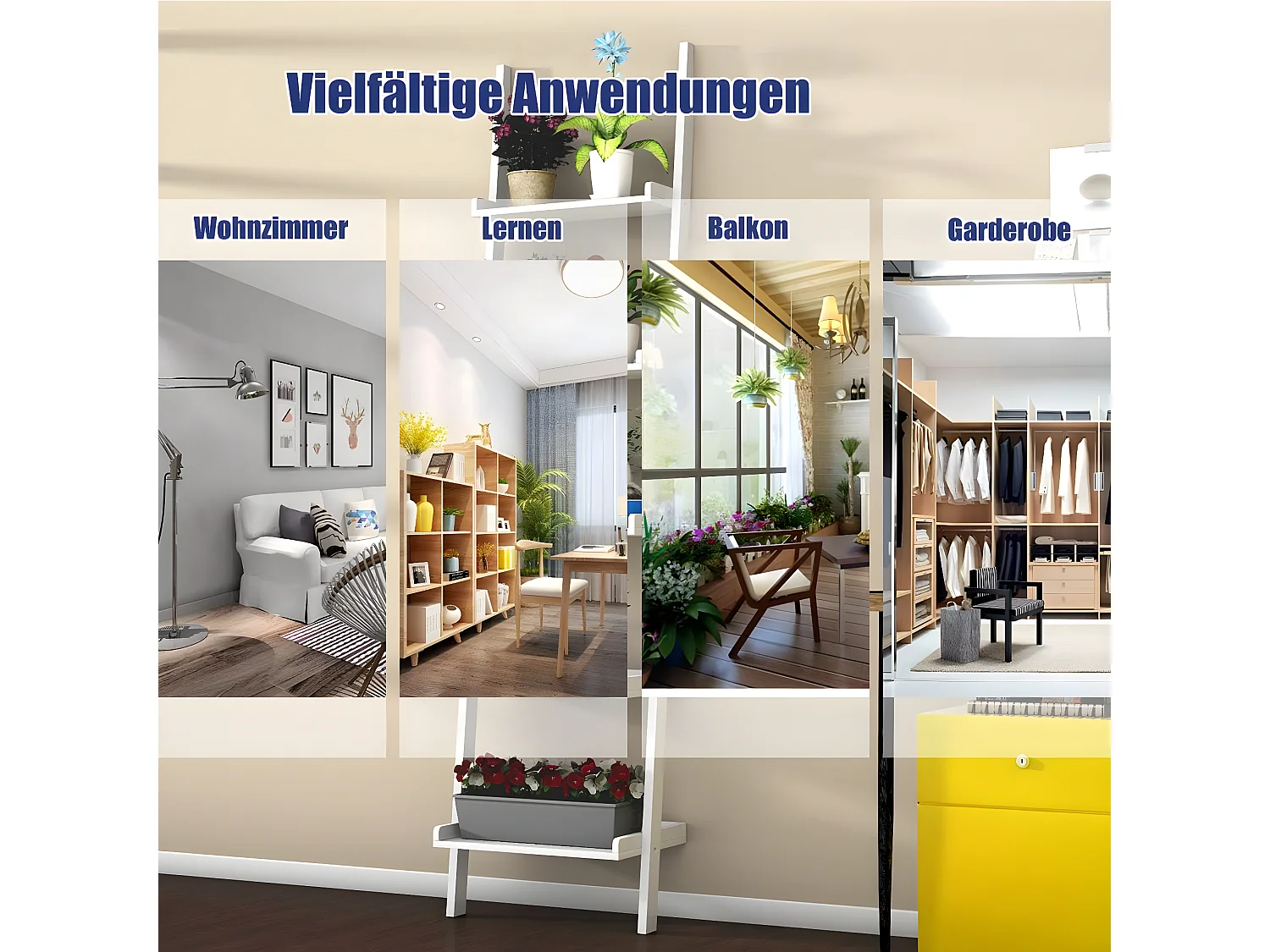 Leiterregal mit 5 Boeden Standregal Treppenregal Pflanzenregal Holzregal Stufenregal Wandregal Dekoregal Blumenregal Buecherregal weiss TI73033