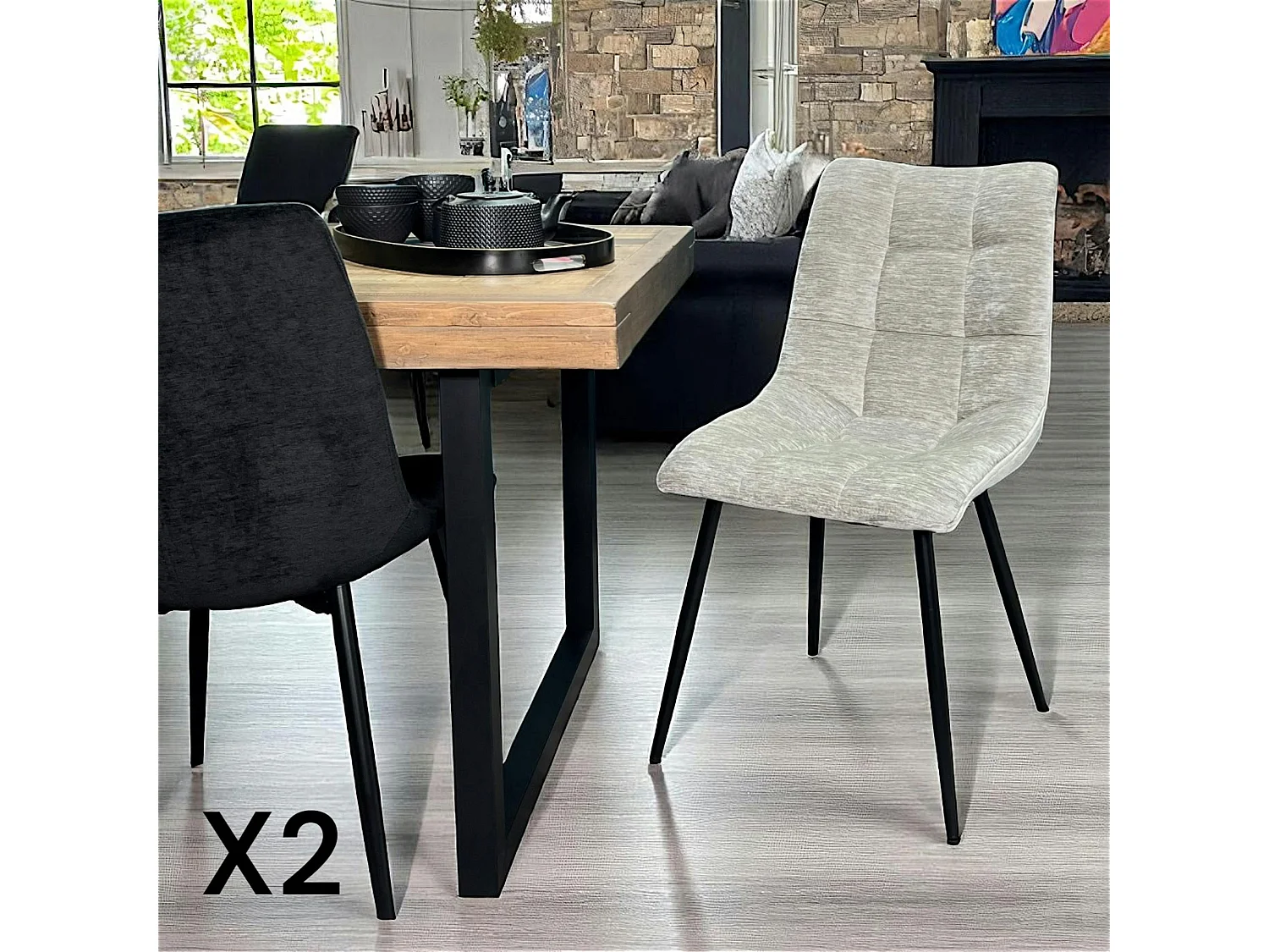 Chaise en velours gris clair motif damier (lot de 2) PALERME