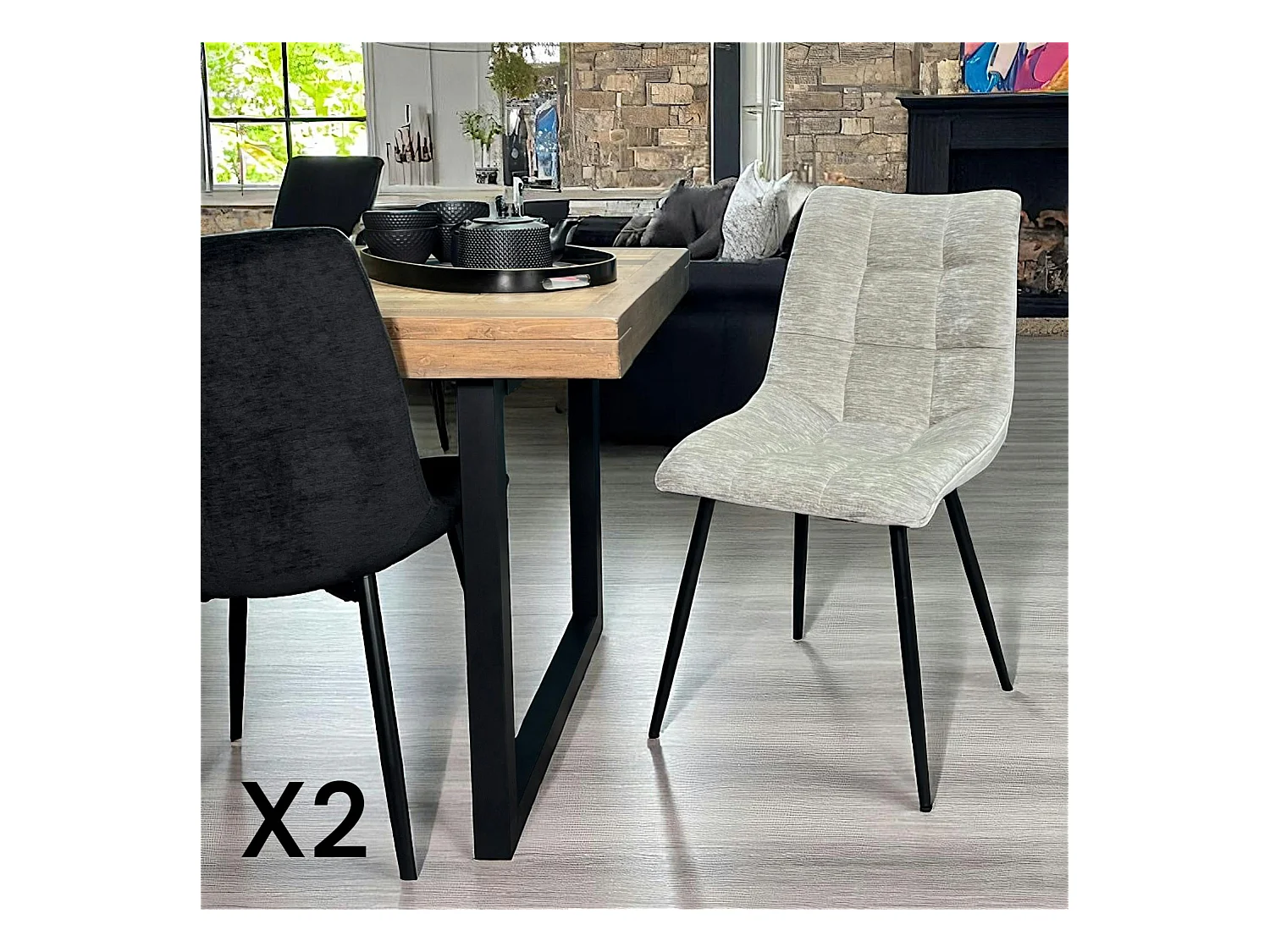 Chaise en velours gris clair motif damier (lot de 2) PALERME