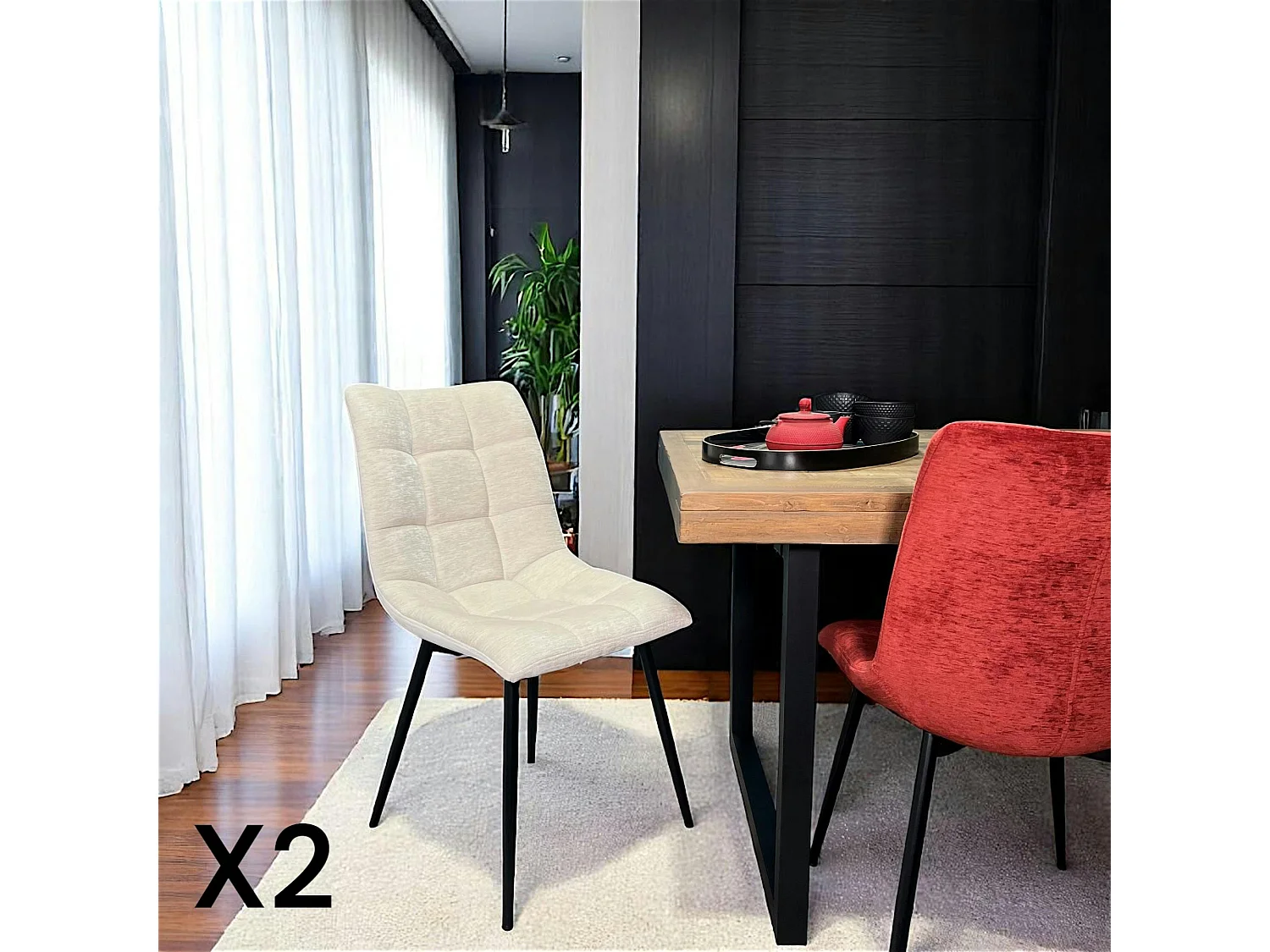 Chaise en velours écru motif damier (lot de 2) PALERME