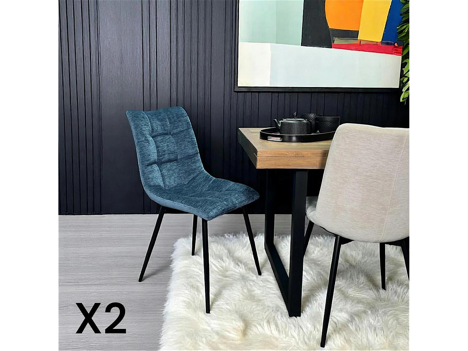 Chaise en velours bleu motif damier (lot de 2) PALERME