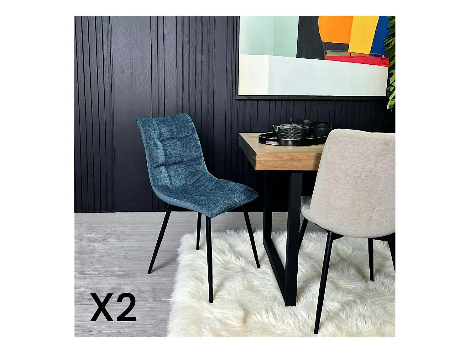 Chaise en velours bleu motif damier (lot de 2) PALERME