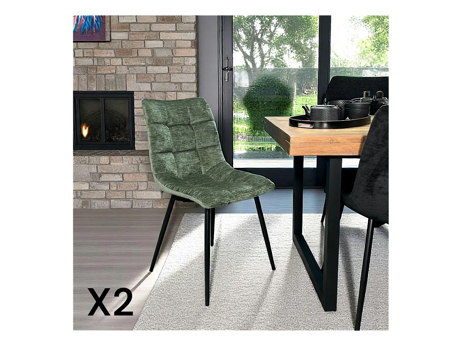 Chaise en velours vert motif damier (lot de 2) PALERME