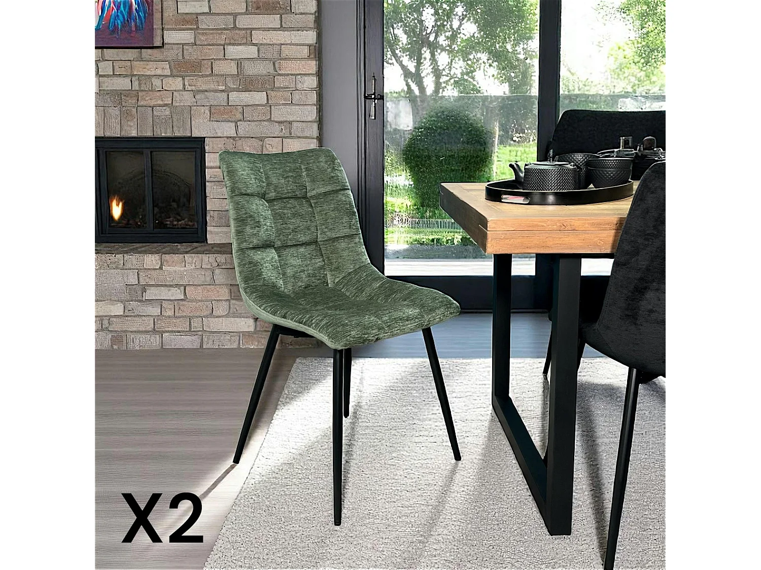 Chaise en velours vert motif damier (lot de 2) PALERME