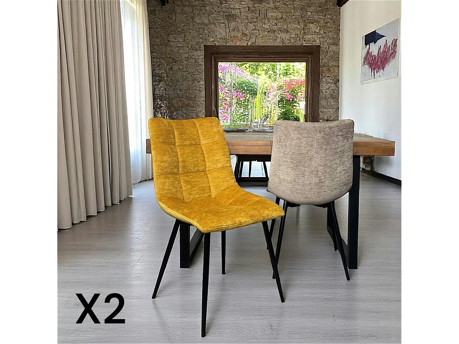 Chaise en velours moutarde motif damier (lot de 2) PALERME