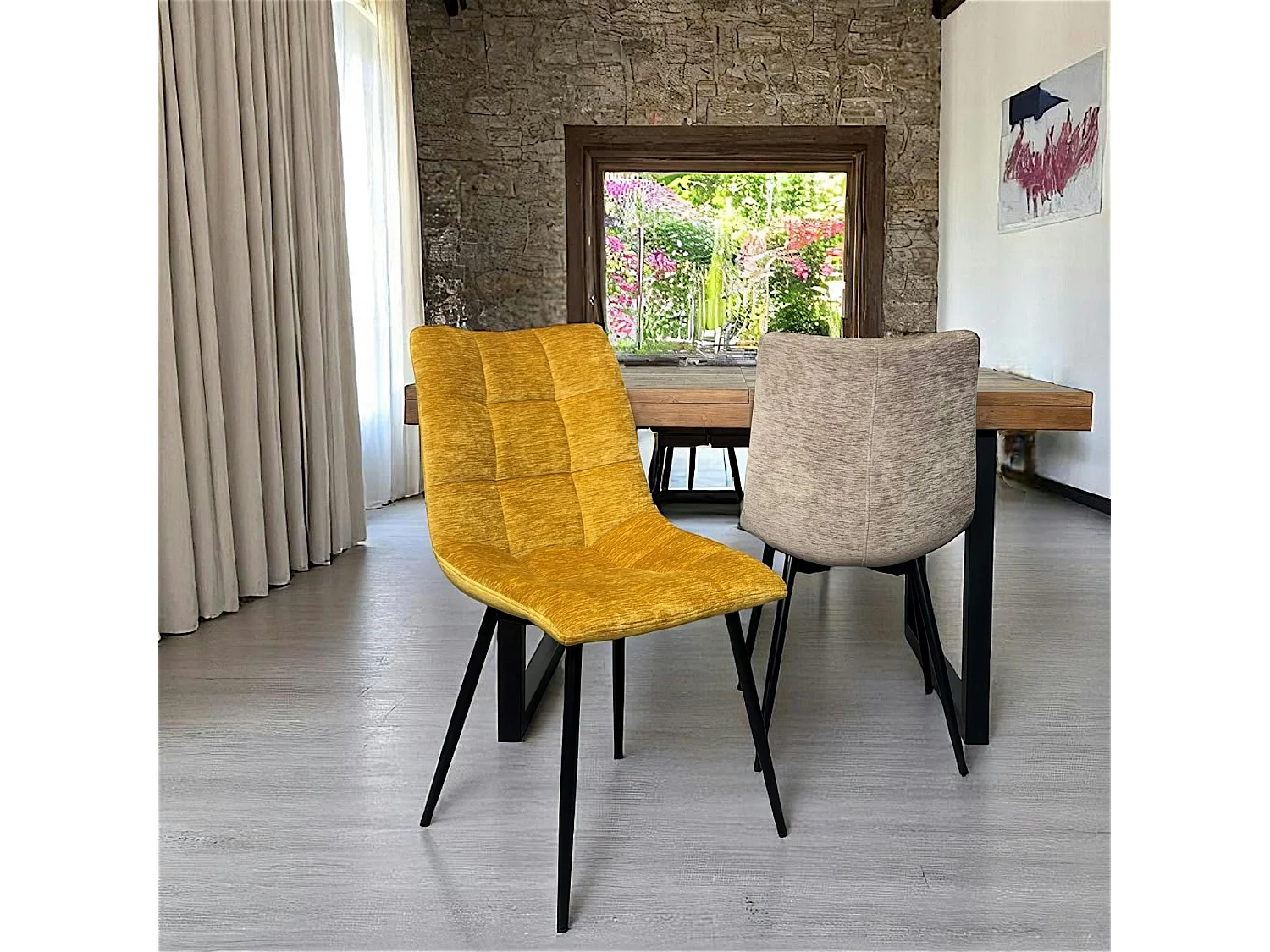 Chaise en velours moutarde motif damier (lot de 2) PALERME