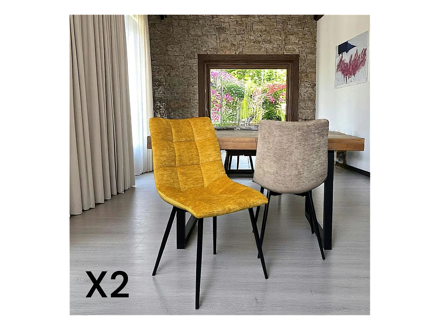 Chaise en velours moutarde motif damier (lot de 2) PALERME