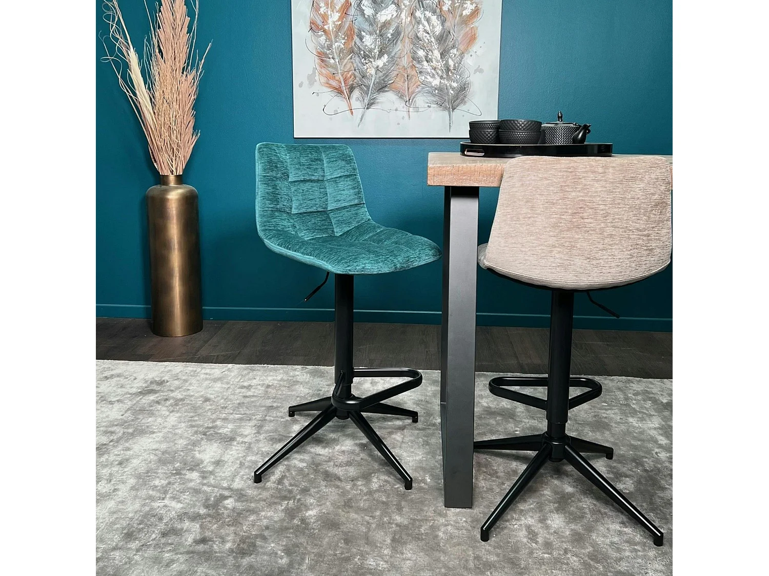 Tabouret de bar pivotant motif damier, velours lagon (lot de 2) PALERME