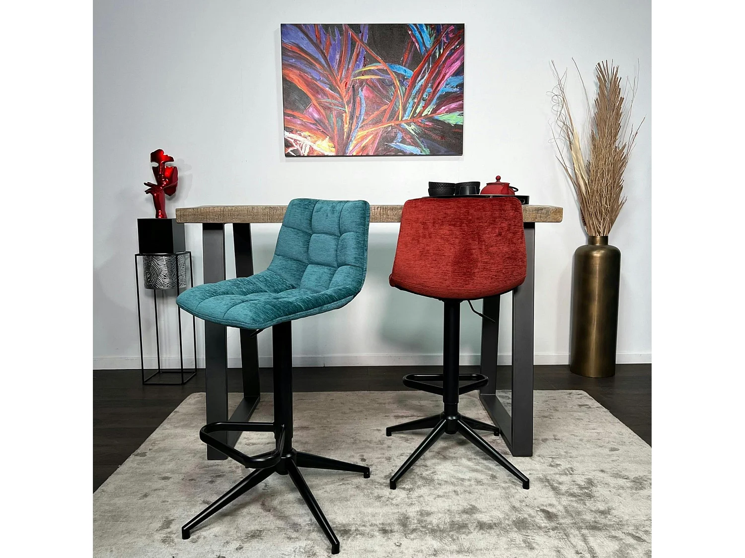 Tabouret de bar pivotant motif damier, velours lagon (lot de 2) PALERME