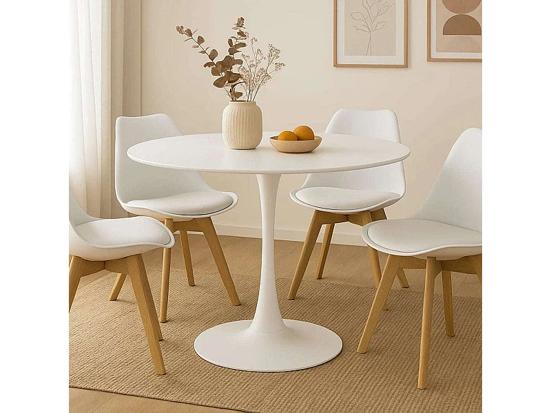 Table à manger ronde pour 4 à 5 personnes diamètre 100 cm, finition laquée mate blanche, base ronde en métal blanc - TULIPS