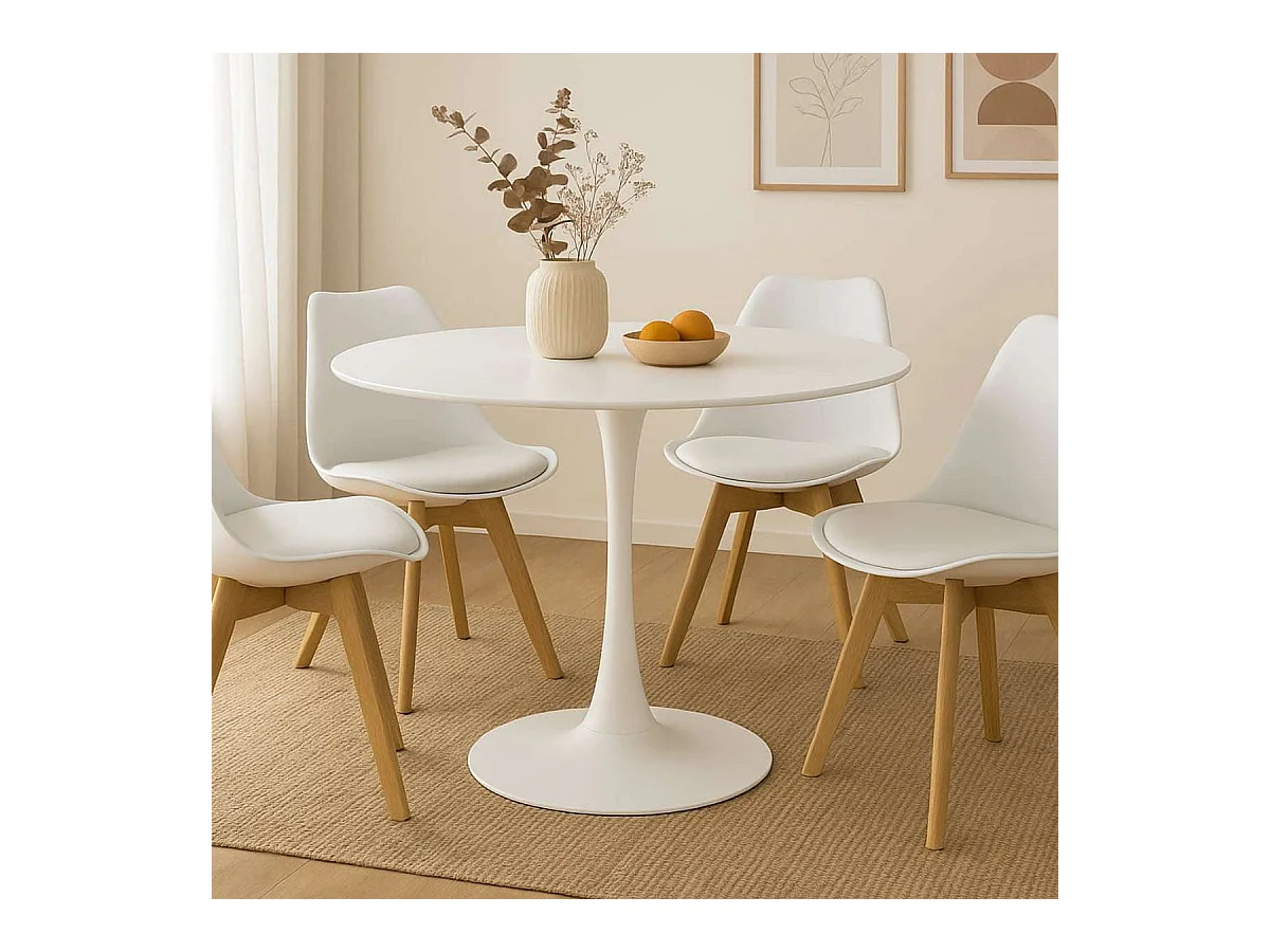 Table à manger ronde pour 4 à 5 personnes diamètre 100 cm, finition laquée mate blanche, base ronde en métal blanc - TULIPS