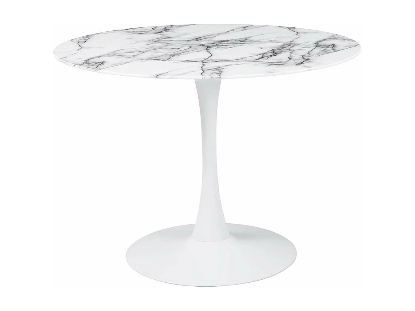 Mesa de comedor redonda TULIPS - tablero de vidrio templado con acabado de mármol blanco, base de metal con revestimiento de epoxi blanco