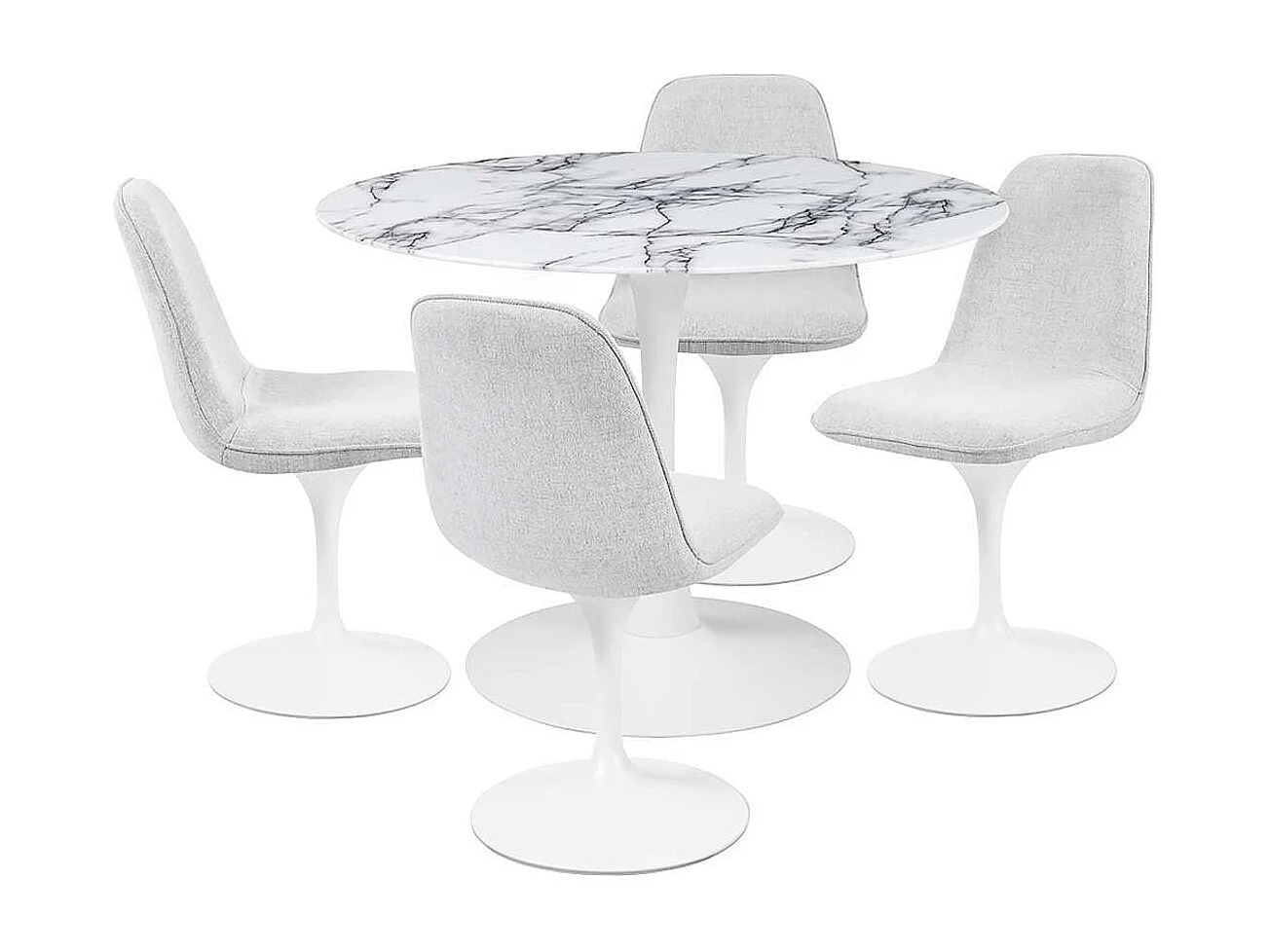 Mesa de comedor redonda TULIPS - tablero de vidrio templado con acabado de mármol blanco, base de metal con revestimiento de epoxi blanco