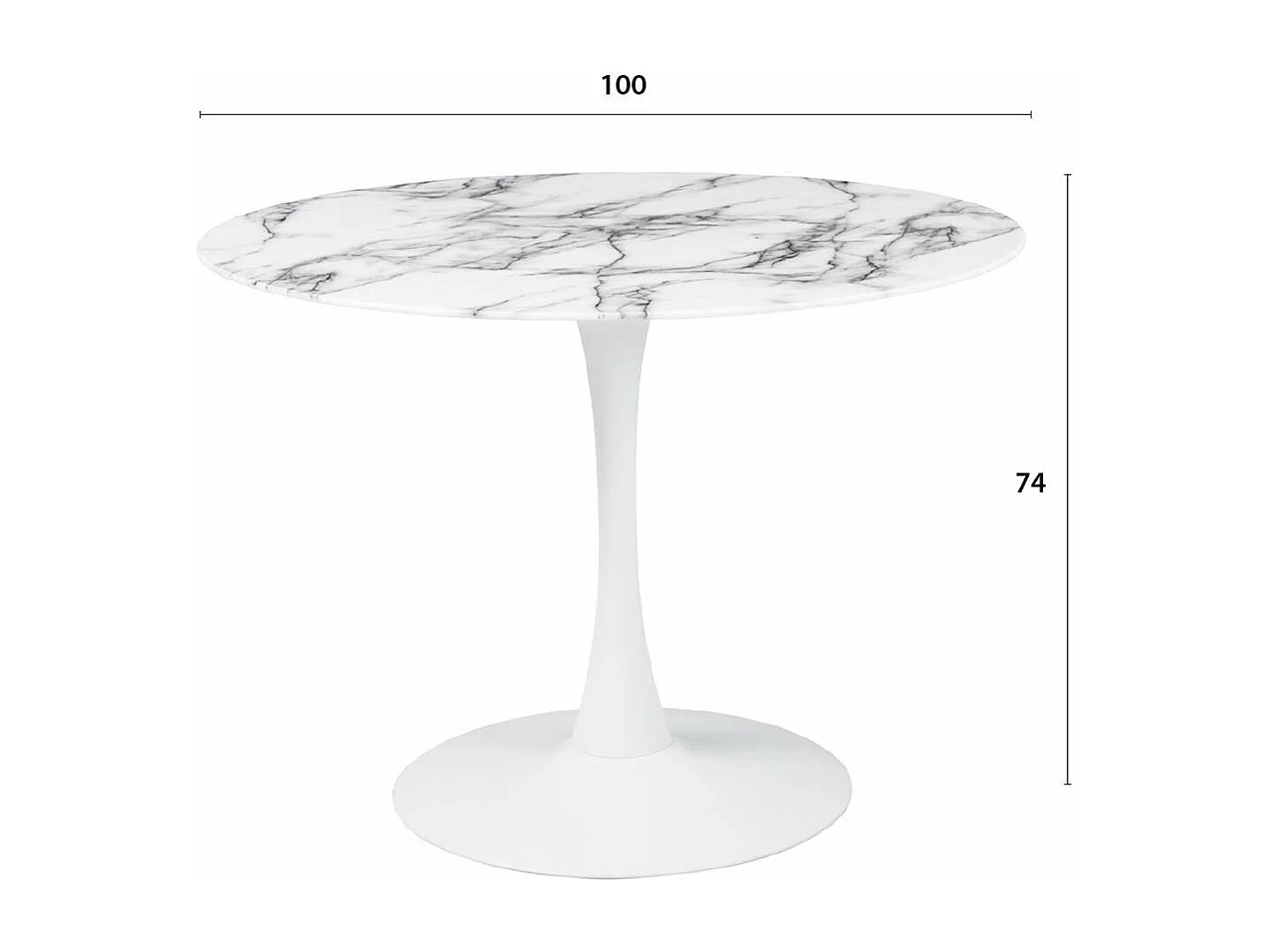 Mesa de comedor redonda TULIPS - tablero de vidrio templado con acabado de mármol blanco, base de metal con revestimiento de epoxi blanco