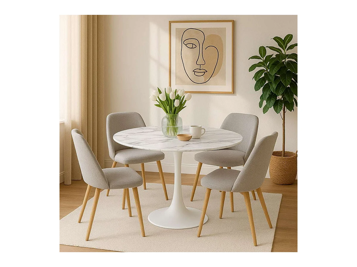 Table à manger ronde pour 4 à 5 personnes diamètre 100 cm, plateau en verre trempé aspect marbre blanc, base ronde en métal blanc - TULIPS