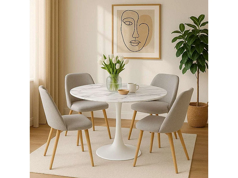 Table à manger ronde pour 4 à 5 personnes diamètre 100 cm, plateau en verre trempé aspect marbre blanc, base ronde en métal blanc - TULIPS
