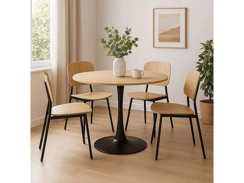 Mesa de comedor redonda TULIPS para 4-5 personas, acabado de imitación de roble y base de metal negro