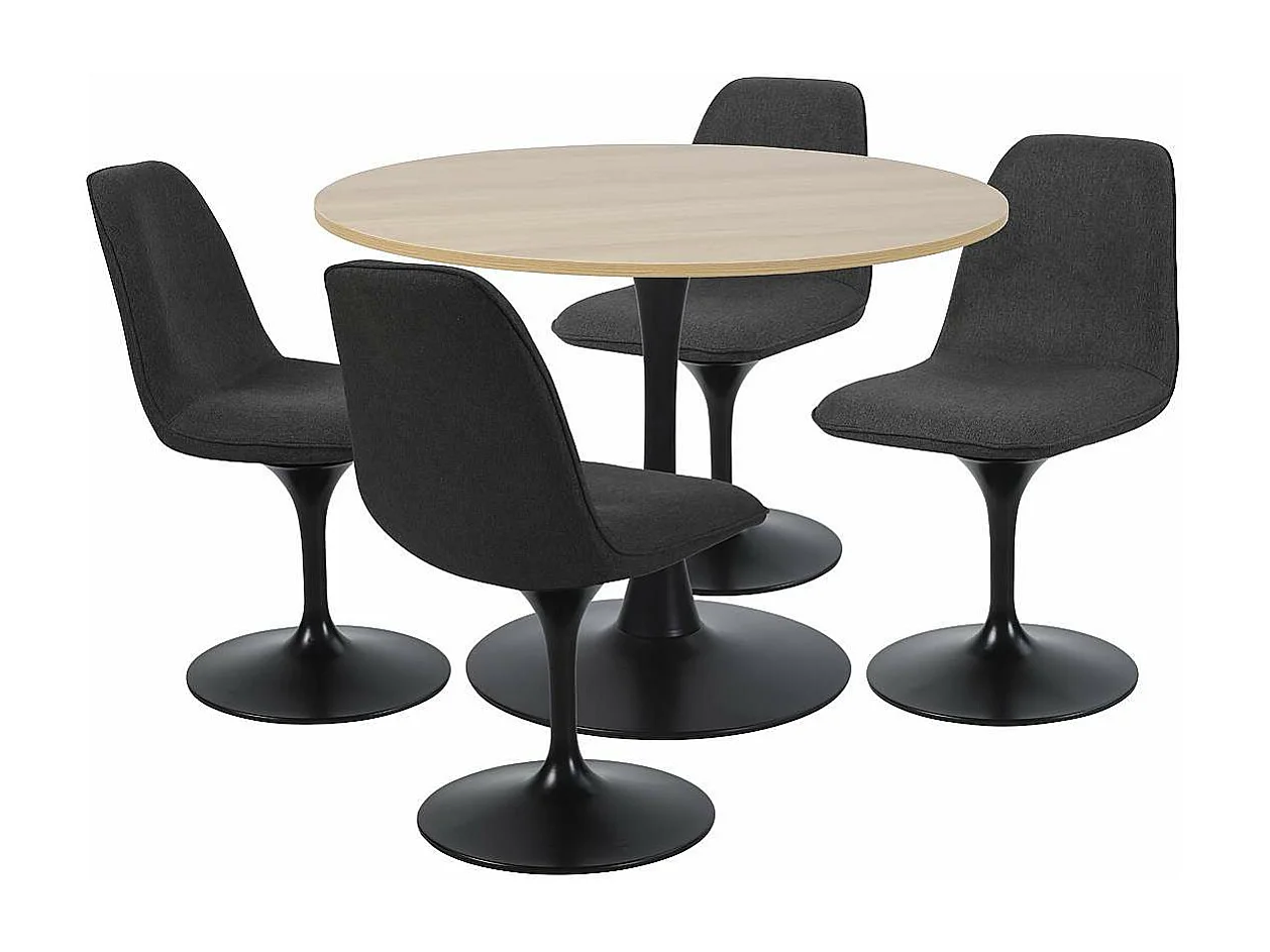 Mesa de comedor redonda TULIPS para 4-5 personas, acabado de imitación de roble y base de metal negro