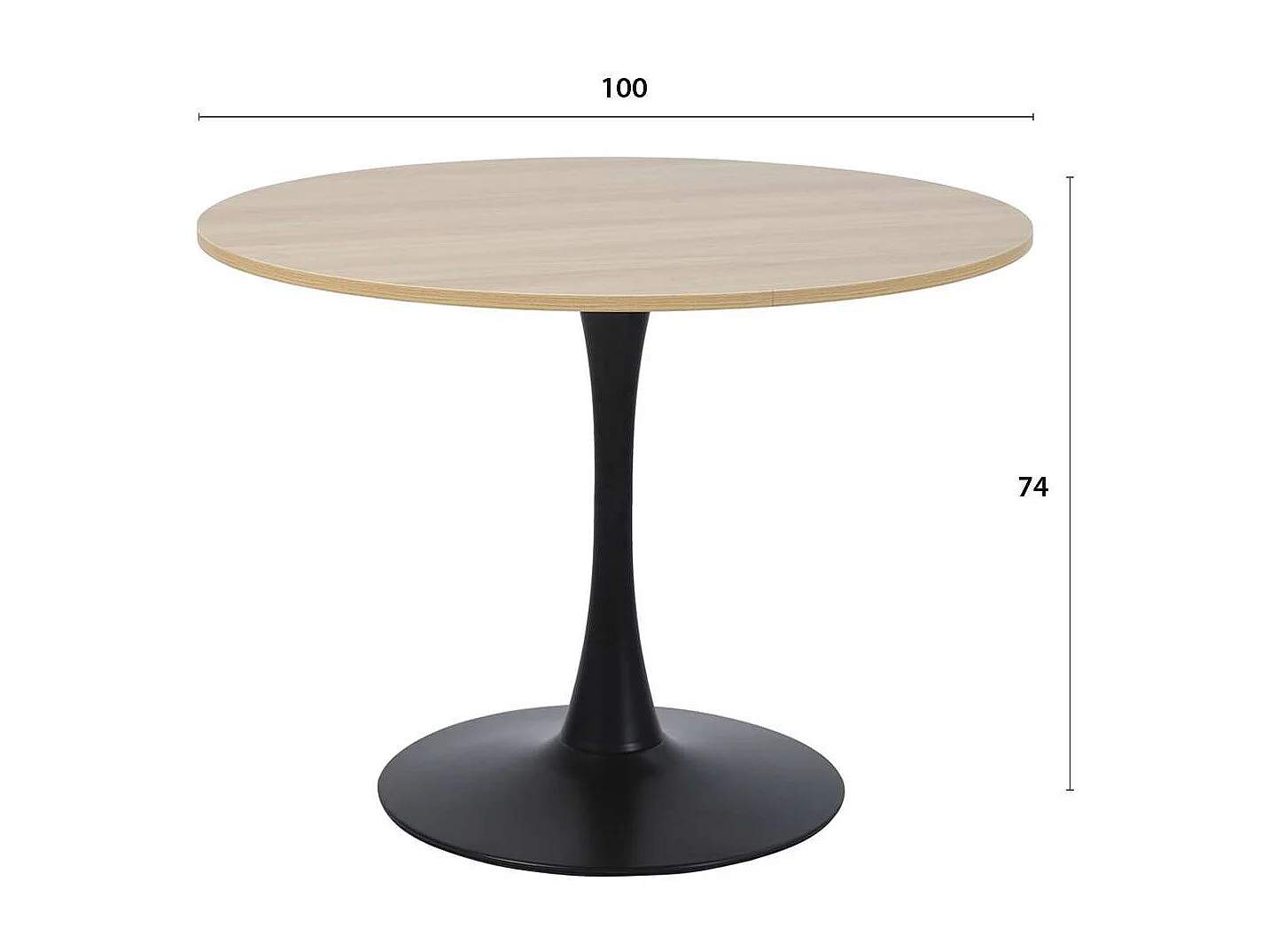 Mesa de comedor redonda TULIPS para 4-5 personas, acabado de imitación de roble y base de metal negro