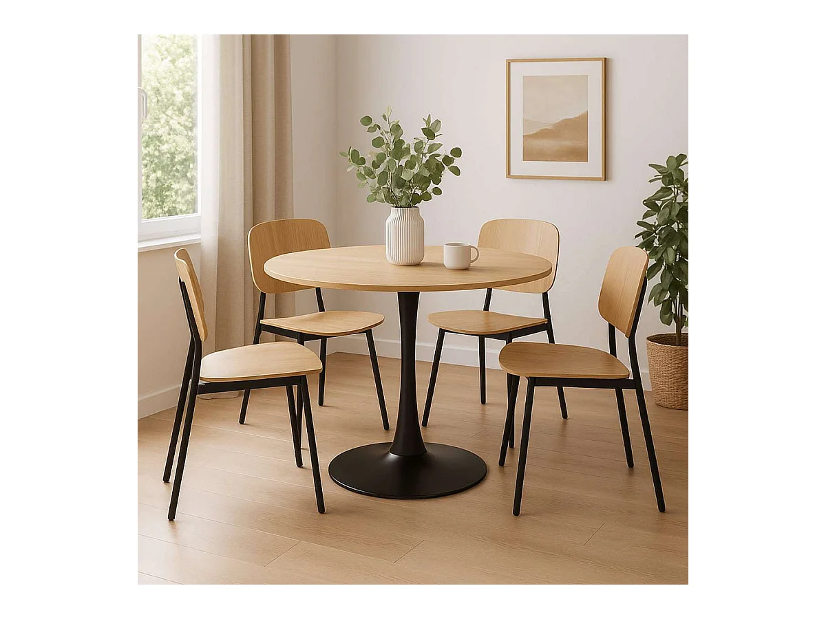 Table à manger ronde pour 4 à 5 personnes diamètre 100 cm, finition mélamine imitation chêne, base ronde en métal noir - TULIPS