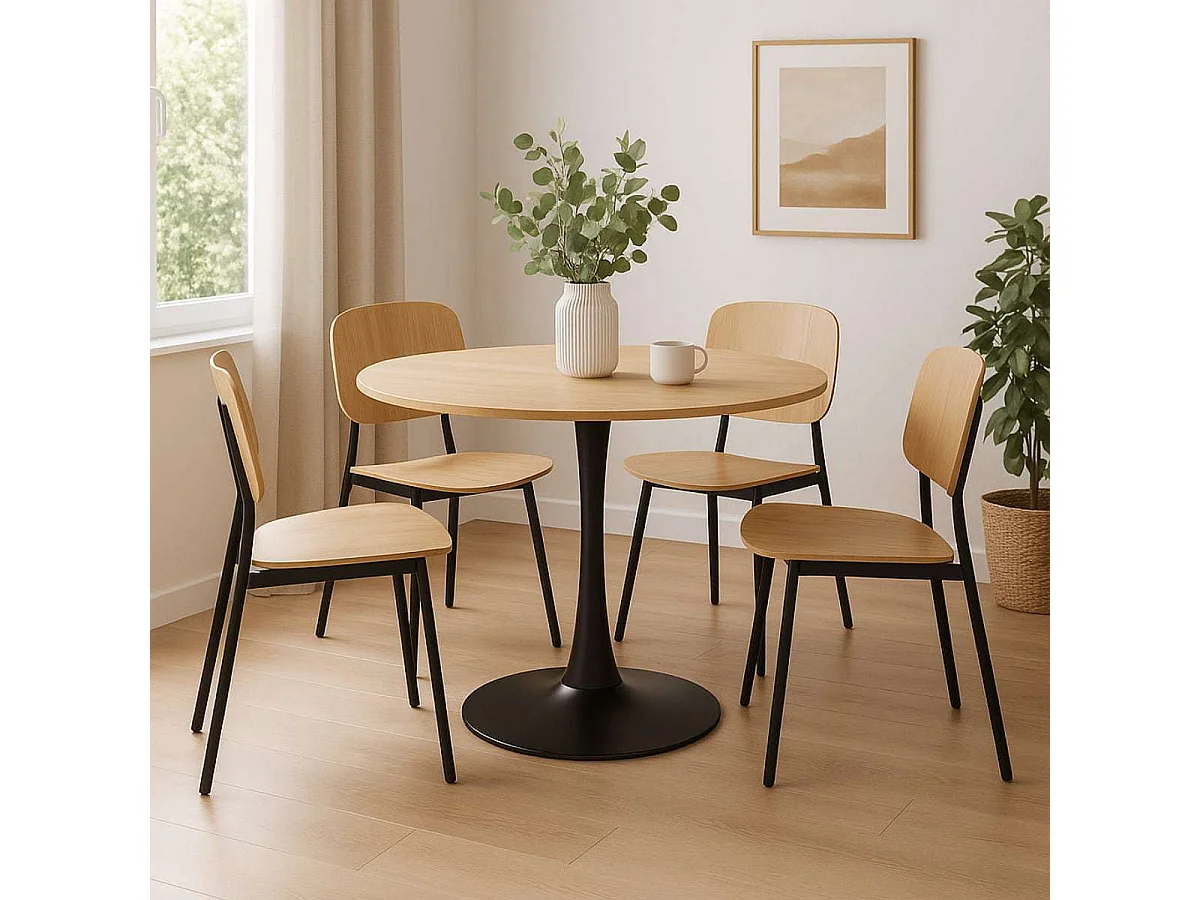 Table à manger ronde pour 4 à 5 personnes diamètre 100 cm, finition mélamine imitation chêne, base ronde en métal noir - TULIPS