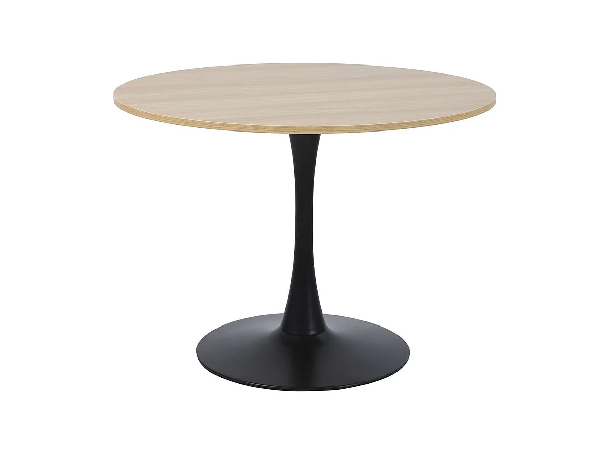 Mesa de jantar redonda TULIPS para 4-5 pessoas, acabamento em imitação de carvalho e base em metal preto