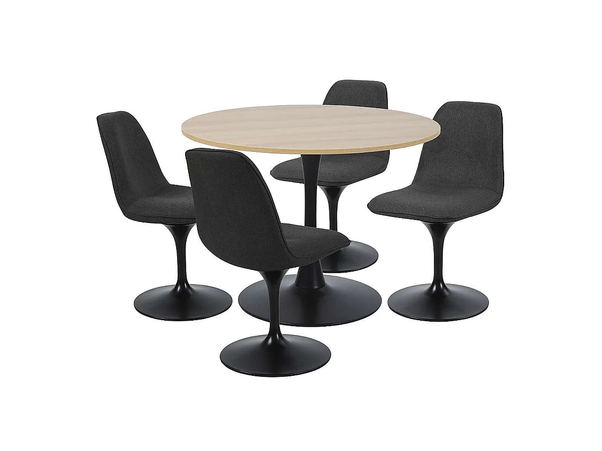 Mesa de jantar redonda TULIPS para 4-5 pessoas, acabamento em imitação de carvalho e base em metal preto