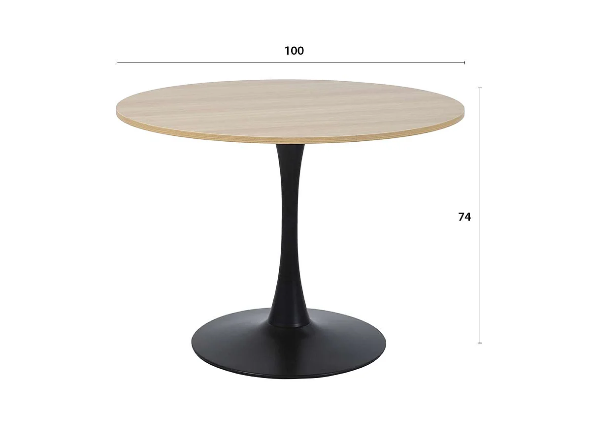 Mesa de jantar redonda TULIPS para 4-5 pessoas, acabamento em imitação de carvalho e base em metal preto