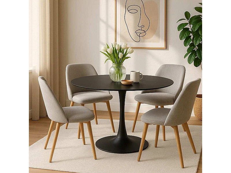 Table à manger ronde pour 4 à 5 personnes diamètre 100 cm, finition laquée mate noire, base ronde en métal noir - TULIPS