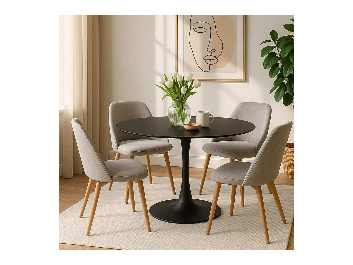 Ronde eettafel voor 4 tot 5 personen, diameter 100 cm, matzwarte gelakte afwerking, ronde metalen zwarte voet - TULIPS