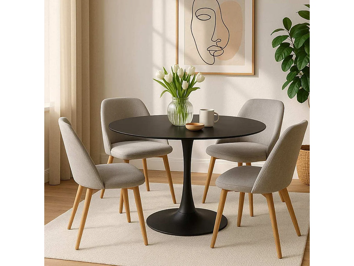 Table à manger ronde pour 4 à 5 personnes diamètre 100 cm, finition laquée mate noire, base ronde en métal noir - TULIPS