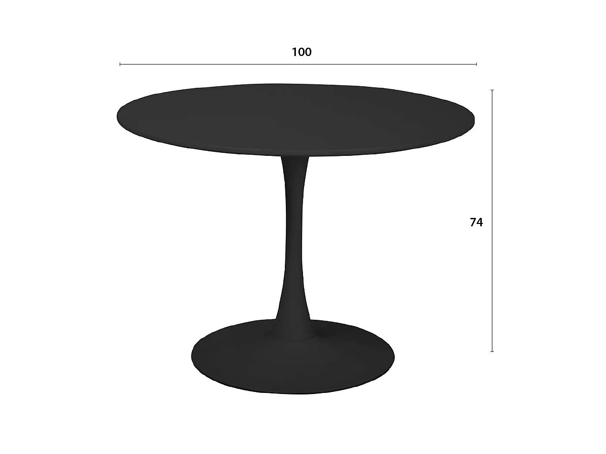 Ronde eettafel voor 4 tot 5 personen, diameter 100 cm, matzwarte gelakte afwerking, ronde metalen zwarte voet - TULIPS
